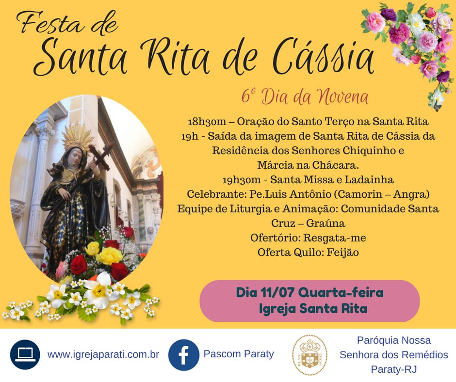 Convite 6º dia de Novena, Festa de Santa Rita